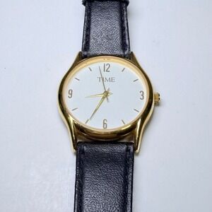 TIME Women Gold Tone Analog Watch White Dial Black Leather Strap Japan Movt
